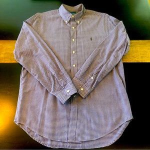 Ralph Lauren gingham shirt is cotton twill with signature embroidered Pony. L